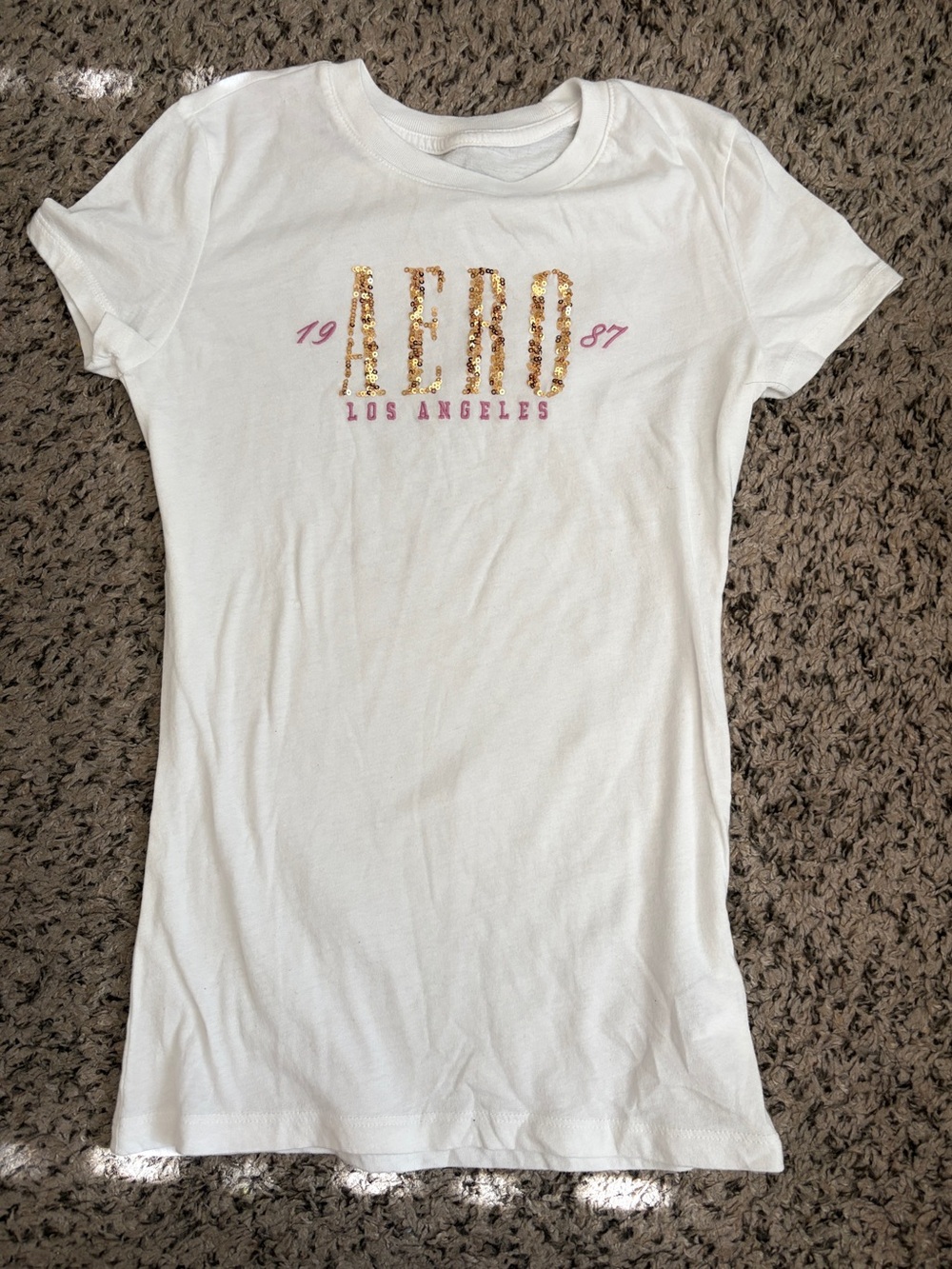 Aéropostale White Sequin Logo Tee - Gold & Pink